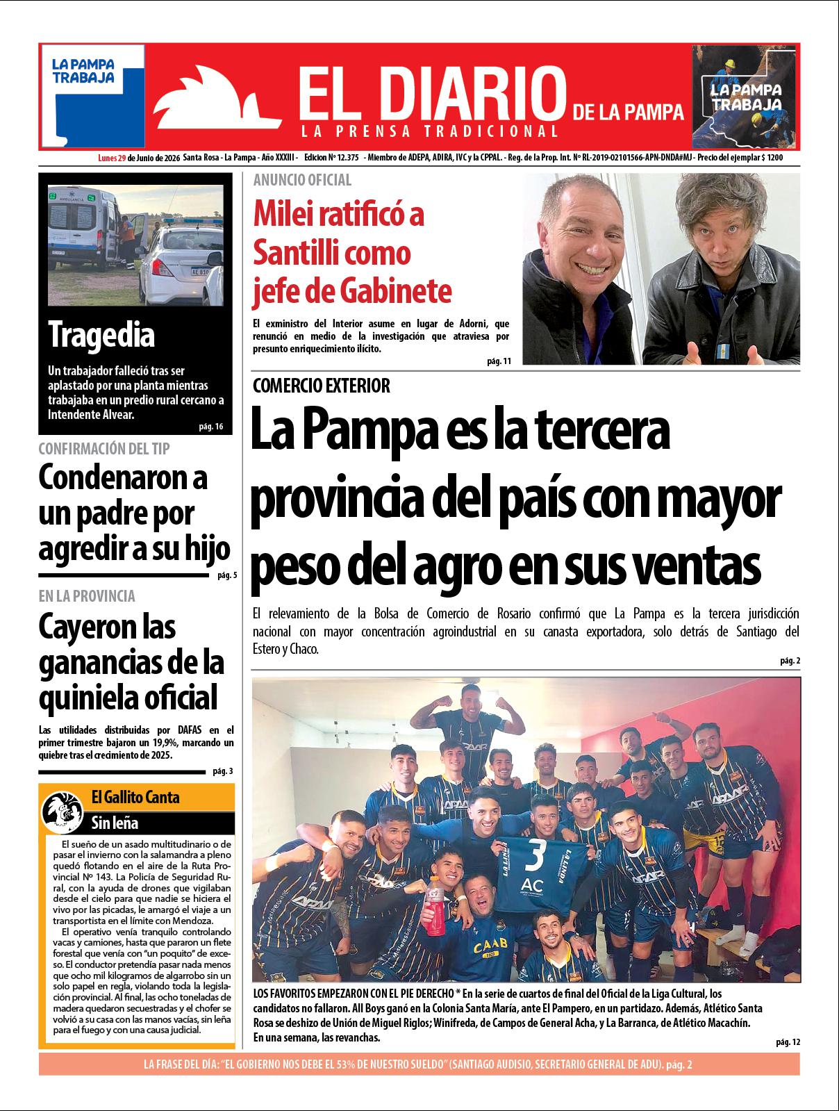 Tapa de El Diario en papel  lunes 29 de junio de 2026